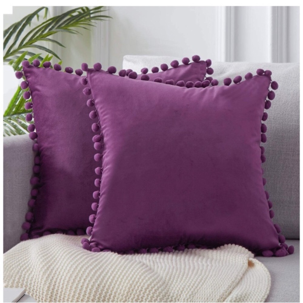Trendy Light Grey Modern Cute Preppy Pompom Fringe Throw Pillow Cover Twin Set - Picture 15 of 16